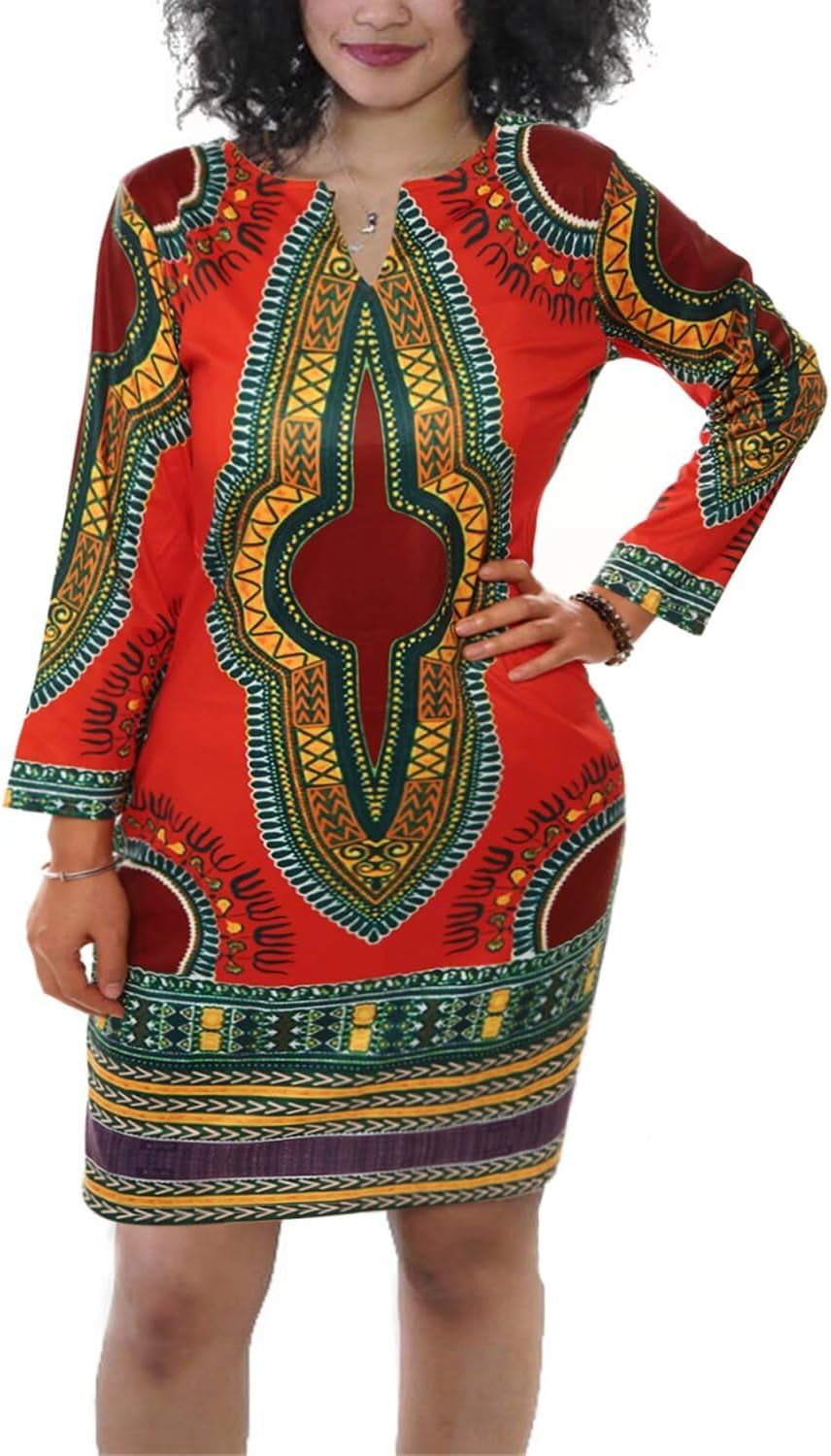 Red African Dresses for Women Long Sleeve Floral Print Bodycon Midi Church Club Dress S