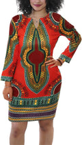 Red African Dresses for Women Long Sleeve Floral Print Bodycon Midi Church Club Dress S