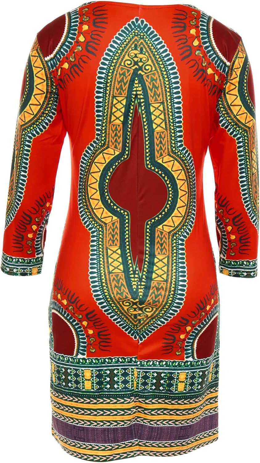 Red African Dresses for Women Long Sleeve Floral Print Bodycon Midi Church Club Dress S