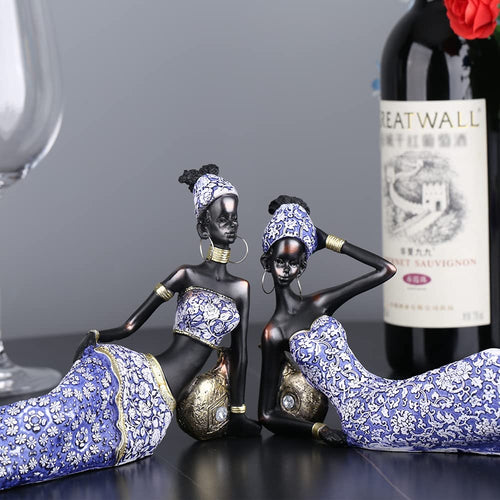 African Women Statue,Traditional Tribal Lady Figurine Sculpture Creative Art Statue,Decorative Home Black Statue and Sculpture Tabletop Bookshelf Decor, American Black Vintage Gift, Set of 2( Style E)