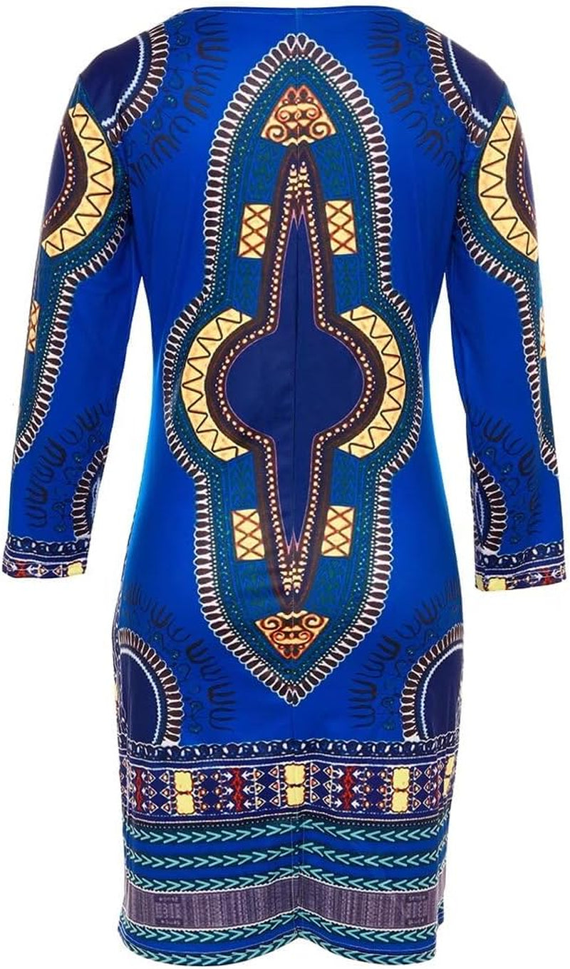 Royal Blue African Dresses for Women Long Sleeve Floral Print Bodycon Midi Church Club Dress S