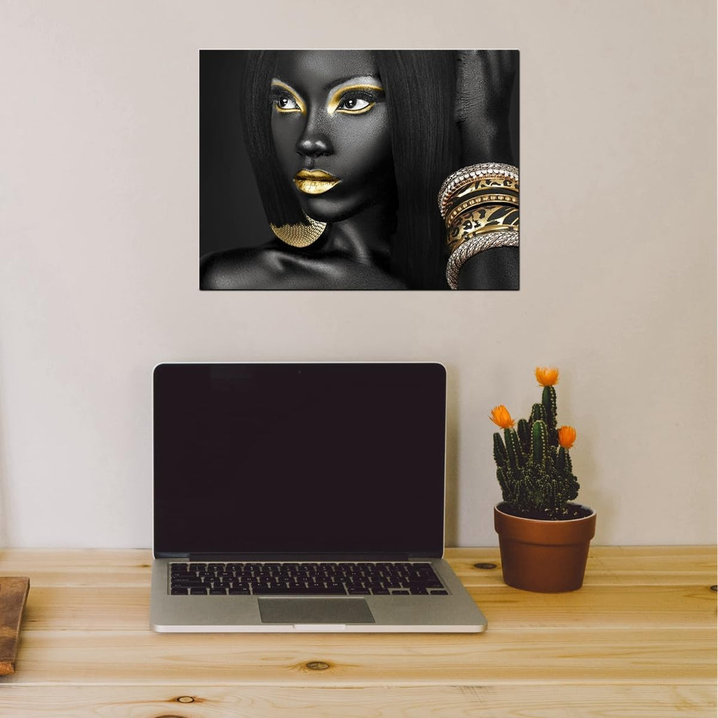Black Woman Portrait Artwork Egyptian Queen Gallery Poster Print Living Room Wall Art African Girl Black and Gold Picture Home Office Decor Bedroom Wall Decor 12X16Inch