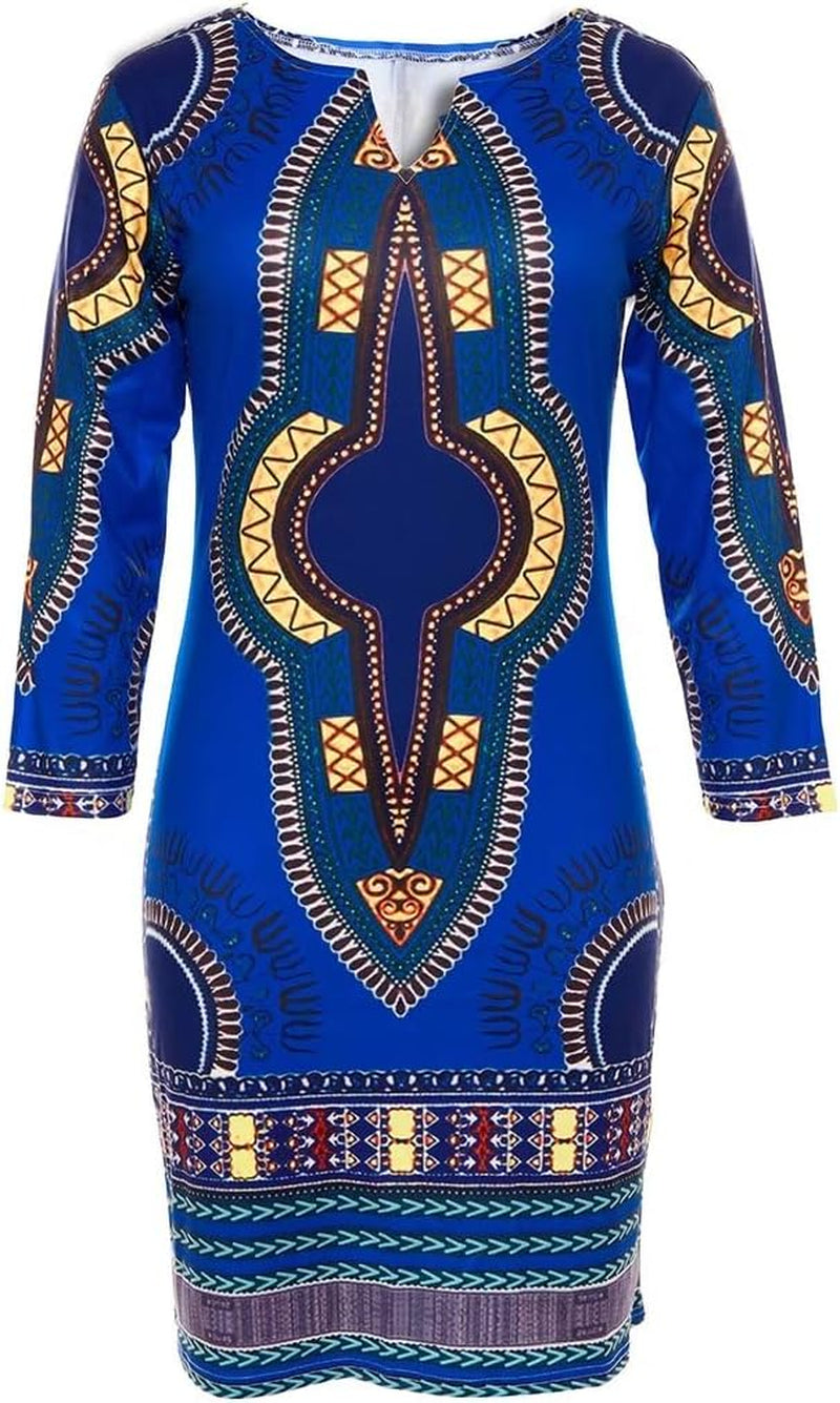 African Clothing for Women Elegant Dashiki Long Sleeve Bodycon Midi Ankara Dress Royal Blue L
