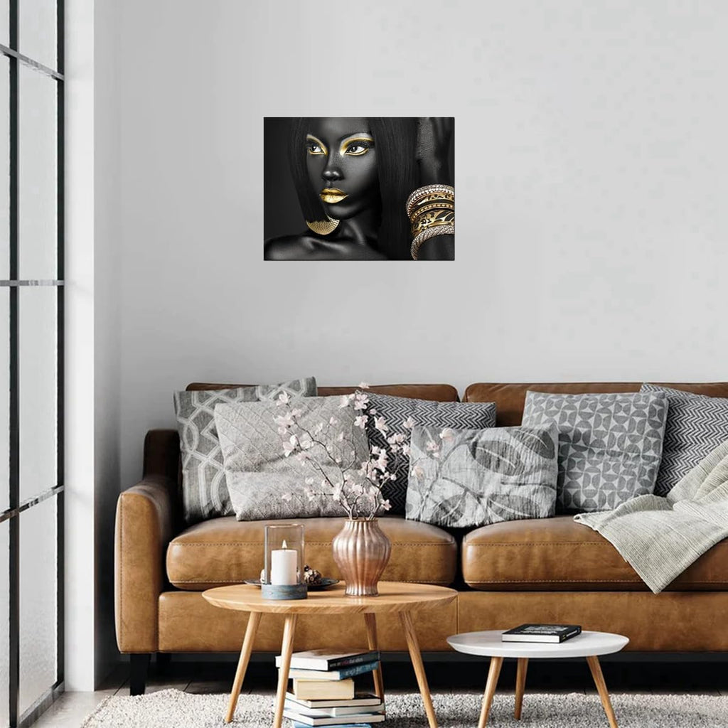 Black Woman Portrait Artwork Egyptian Queen Gallery Poster Print Living Room Wall Art African Girl Black and Gold Picture Home Office Decor Bedroom Wall Decor 12X16Inch