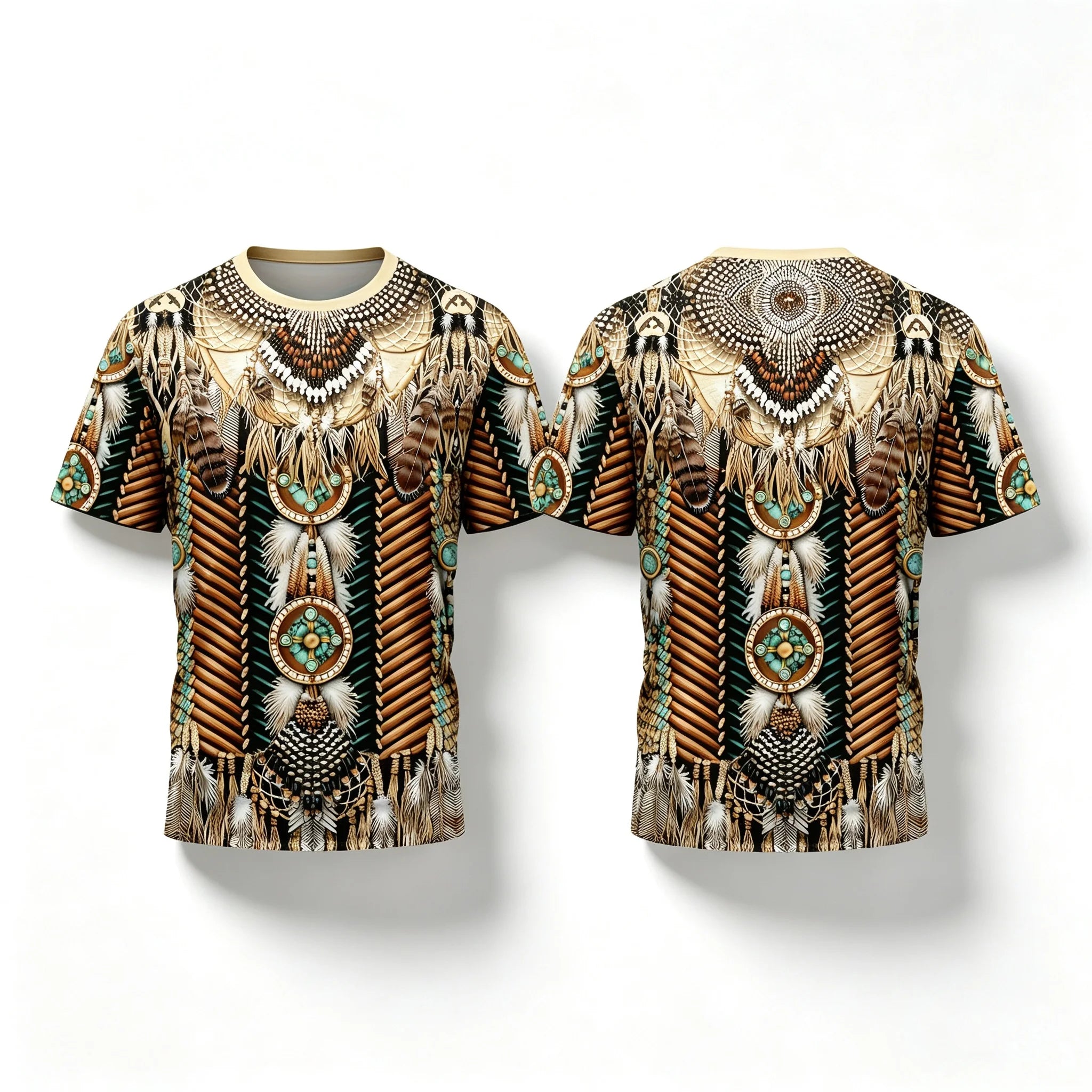 Men North American Indigenous Feather Turquoise T-Shirt
