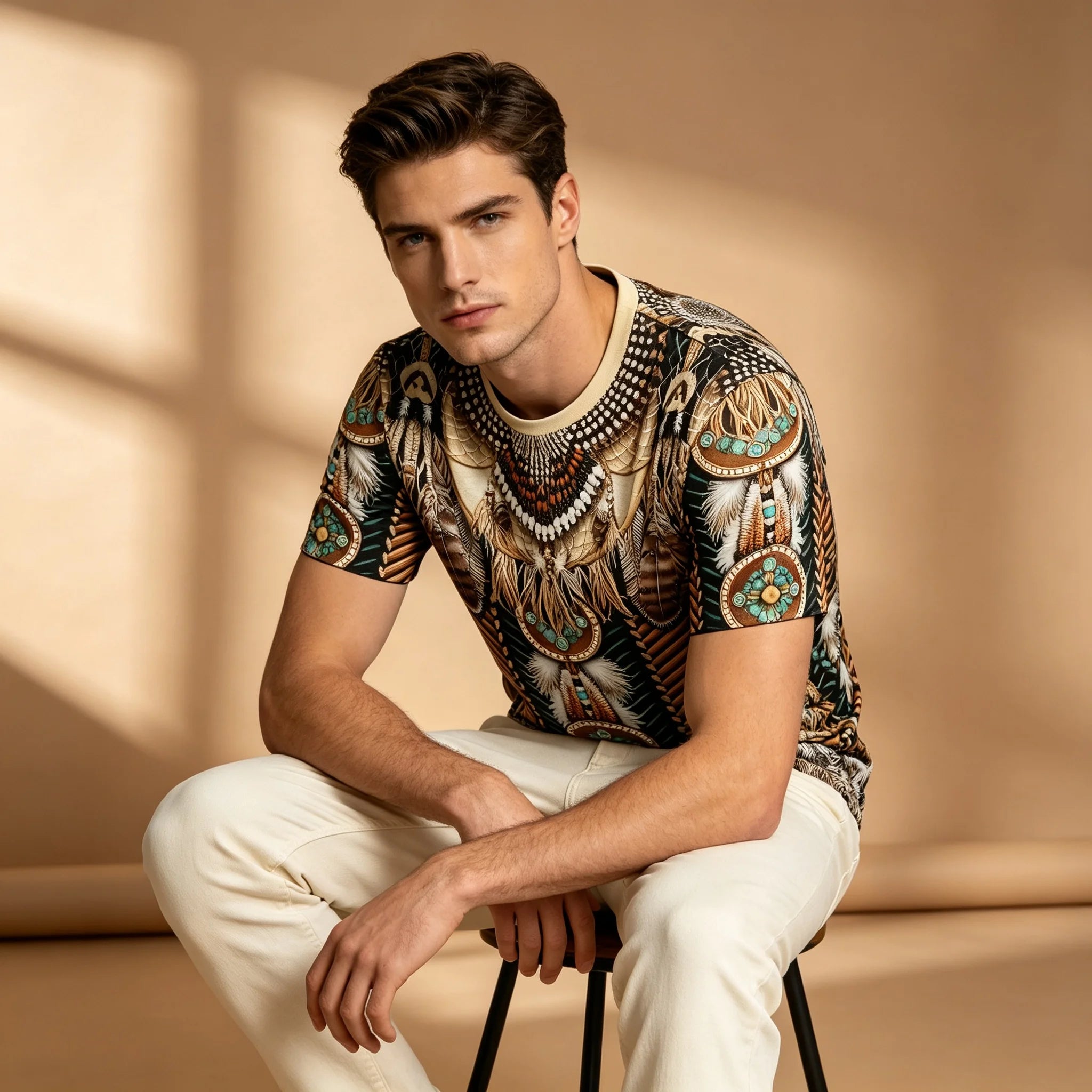 Men North American Indigenous Feather Turquoise T-Shirt