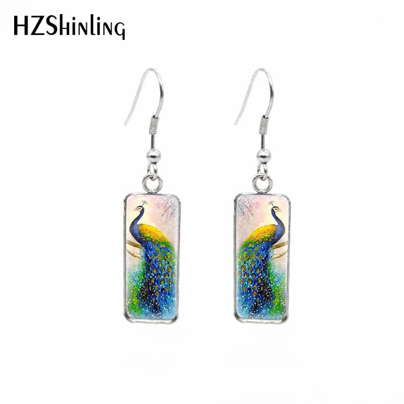 Peacock Painting Rectangular Earring
