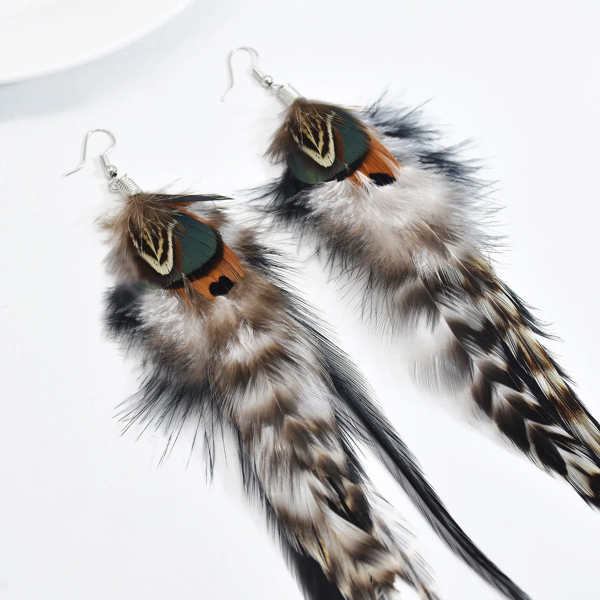 Brown Blue Long Feather Earrings