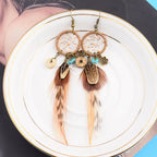 TopHanqi Bohemian Hollow Dream Catcher Leaf Feather Earrings