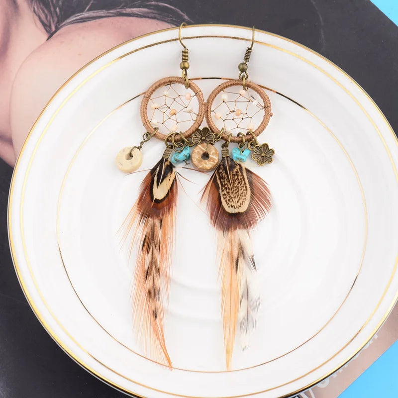 TopHanqi Bohemian Hollow Dream Catcher Leaf Feather Earrings