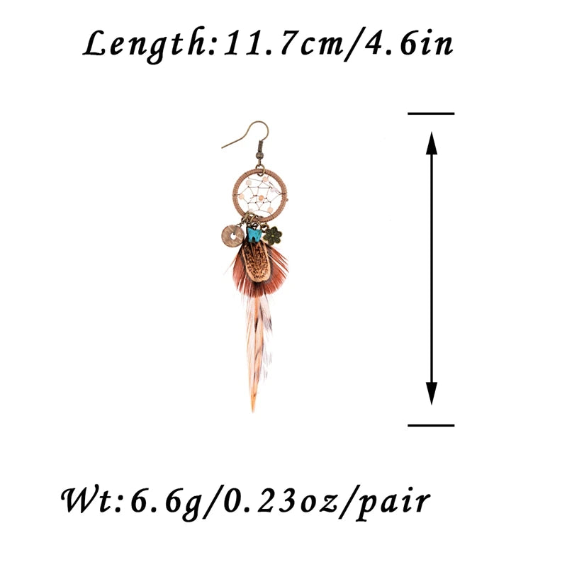 TopHanqi Bohemian Hollow Dream Catcher Leaf Feather Earrings