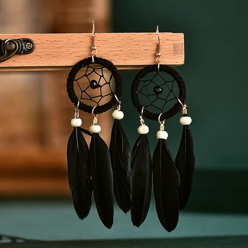 Natural Wood Coffee Feather Tassel Earrings