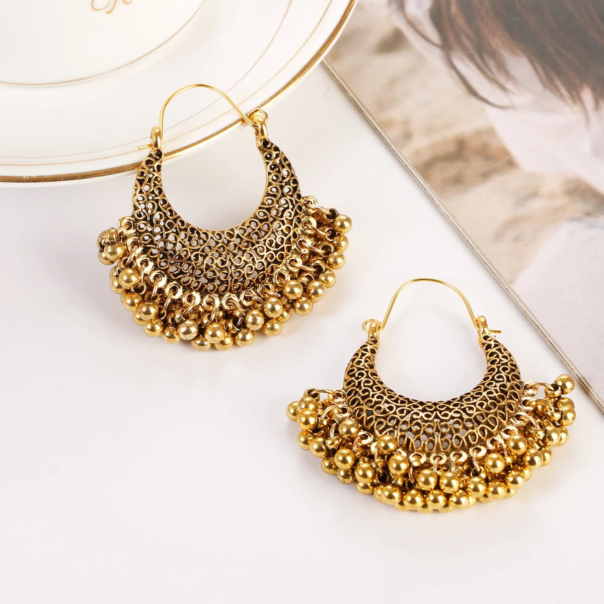 Boho Gold Color Beads Tassel Earring