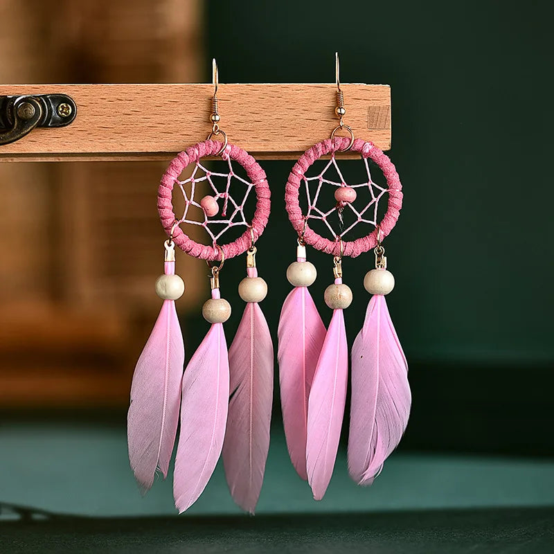 Natural Wood Coffee Feather Tassel Earrings