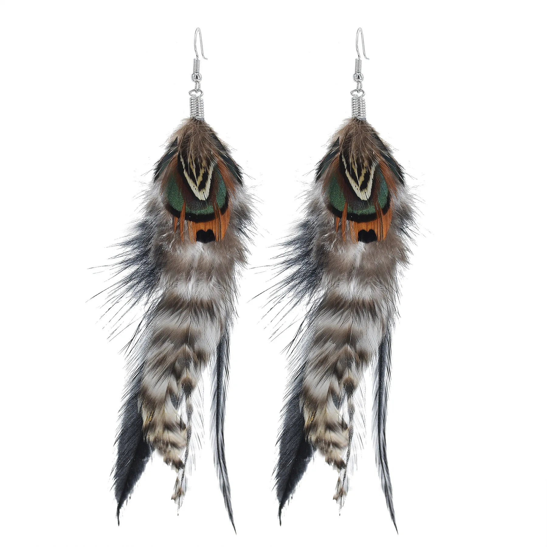 Brown Blue Feather Tassel Earrings