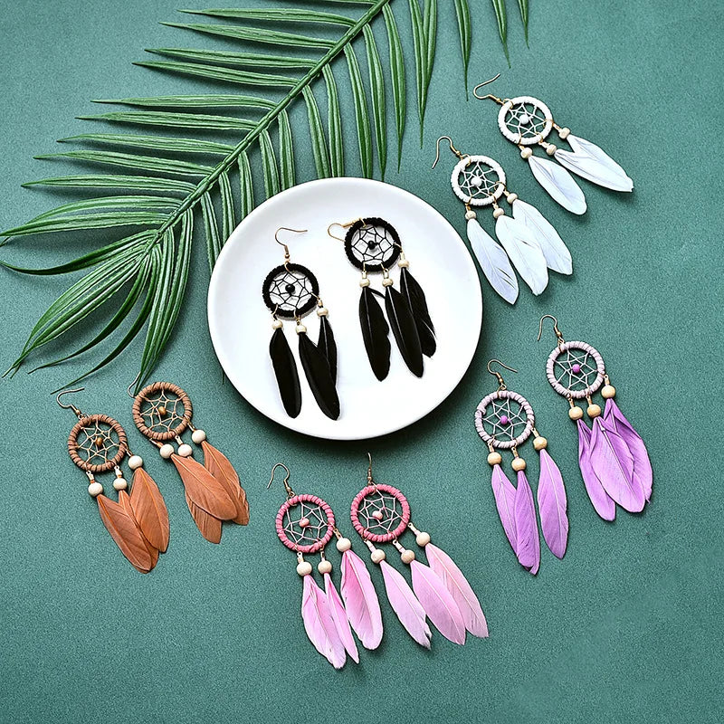 Natural Wood Coffee Feather Tassel Earrings