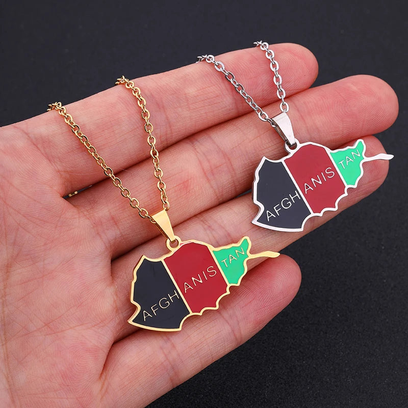 Stainless Steel Afghanistan Map Flag Necklaces