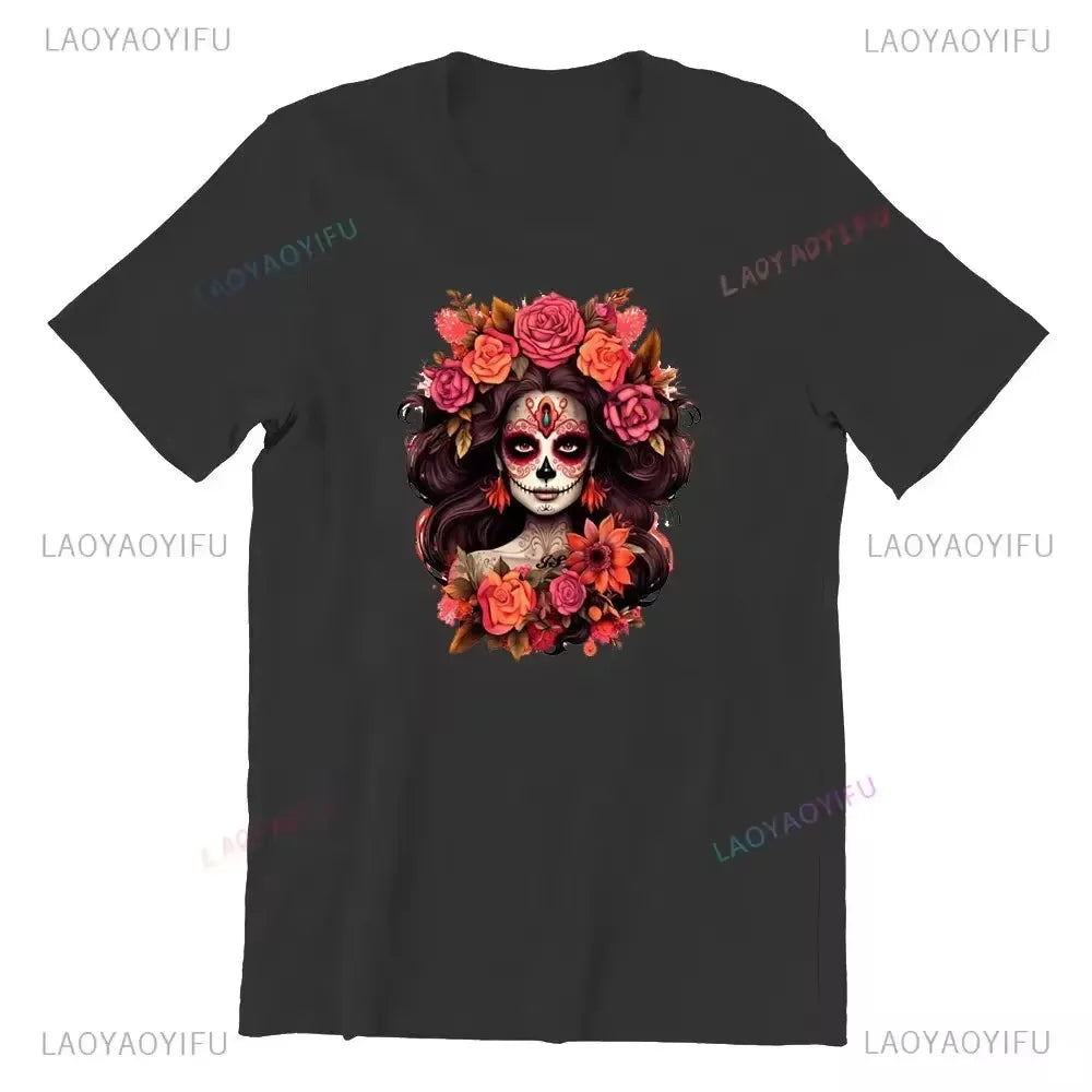 Skull T-Shirt La Catrina Girl with Purple Roses Dia De Los Muertos Day of The Dead