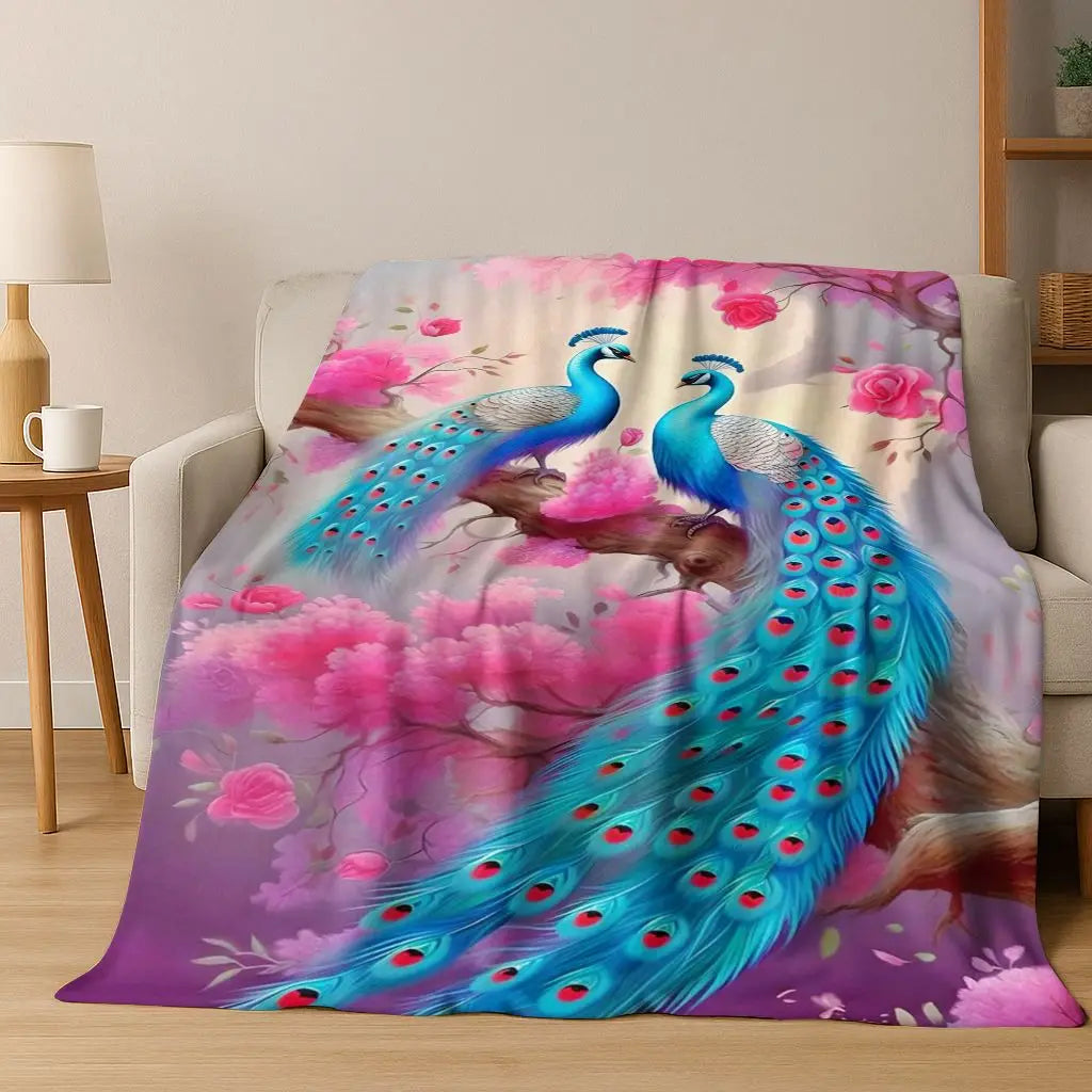 3D Colorful Peacock Birds Dream Flannel Blanket