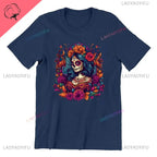 Skull T-Shirt La Catrina Girl with Purple Roses Dia De Los Muertos Day of The Dead