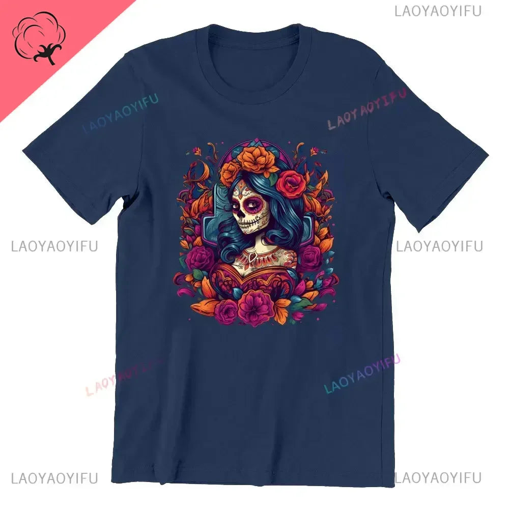 Skull T-Shirt La Catrina Girl with Purple Roses Dia De Los Muertos Day of The Dead