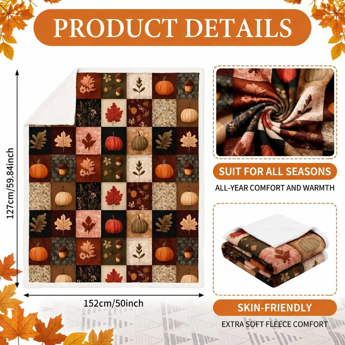 Fall Blanket Autumn Pumpkin Maple Leaves