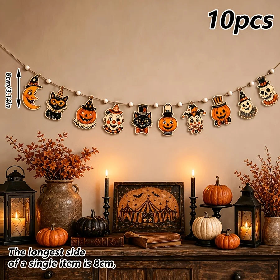 10Pcs Vintage Halloween Wooden Garland