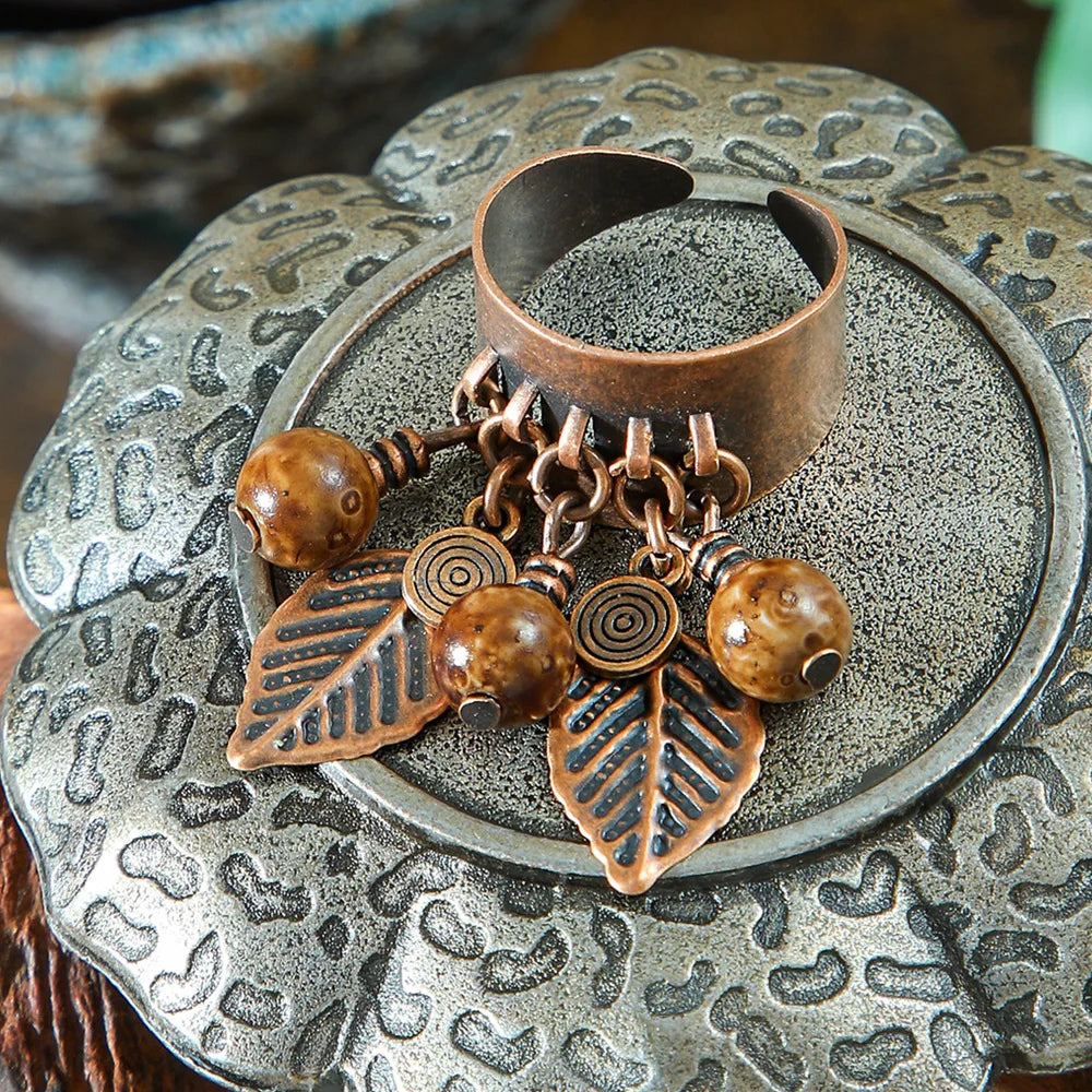 Ethnic Flower Feather Tassel Rings For Women Vintage Antique