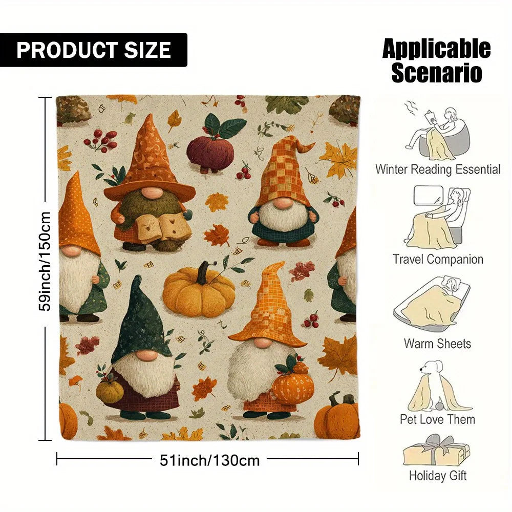 1pc Warm Thanksgiving Gnomes Printed Flannel Throw Blanket