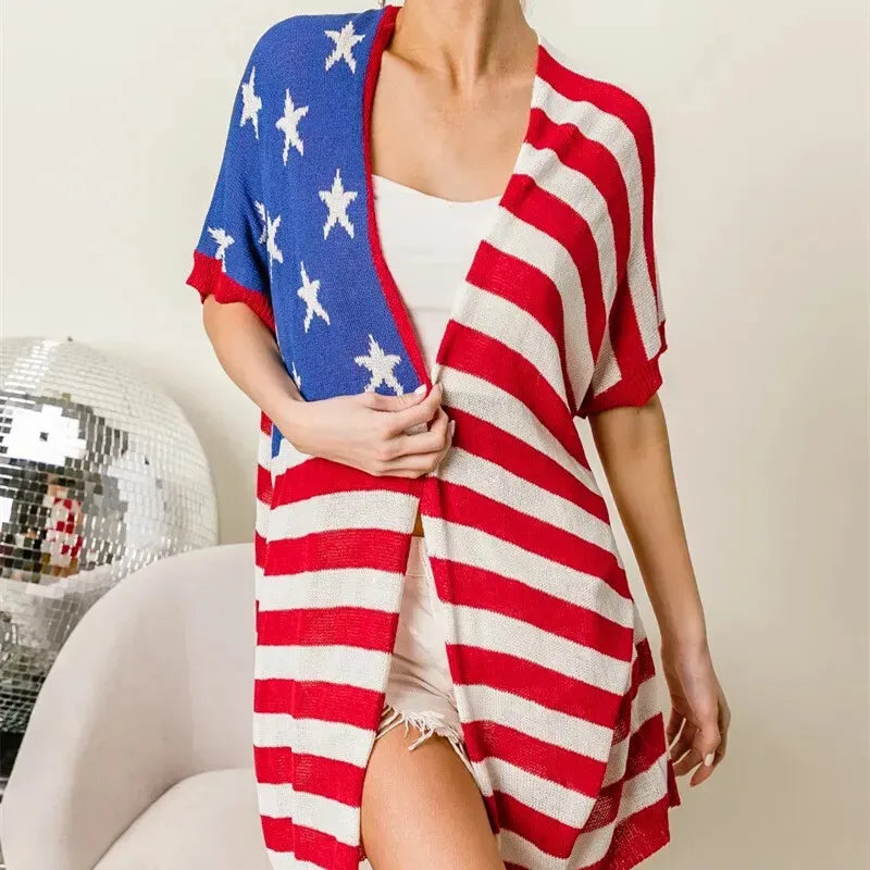 USA Patriotic Star Stripe Knit Short Sleeve Casual Outer