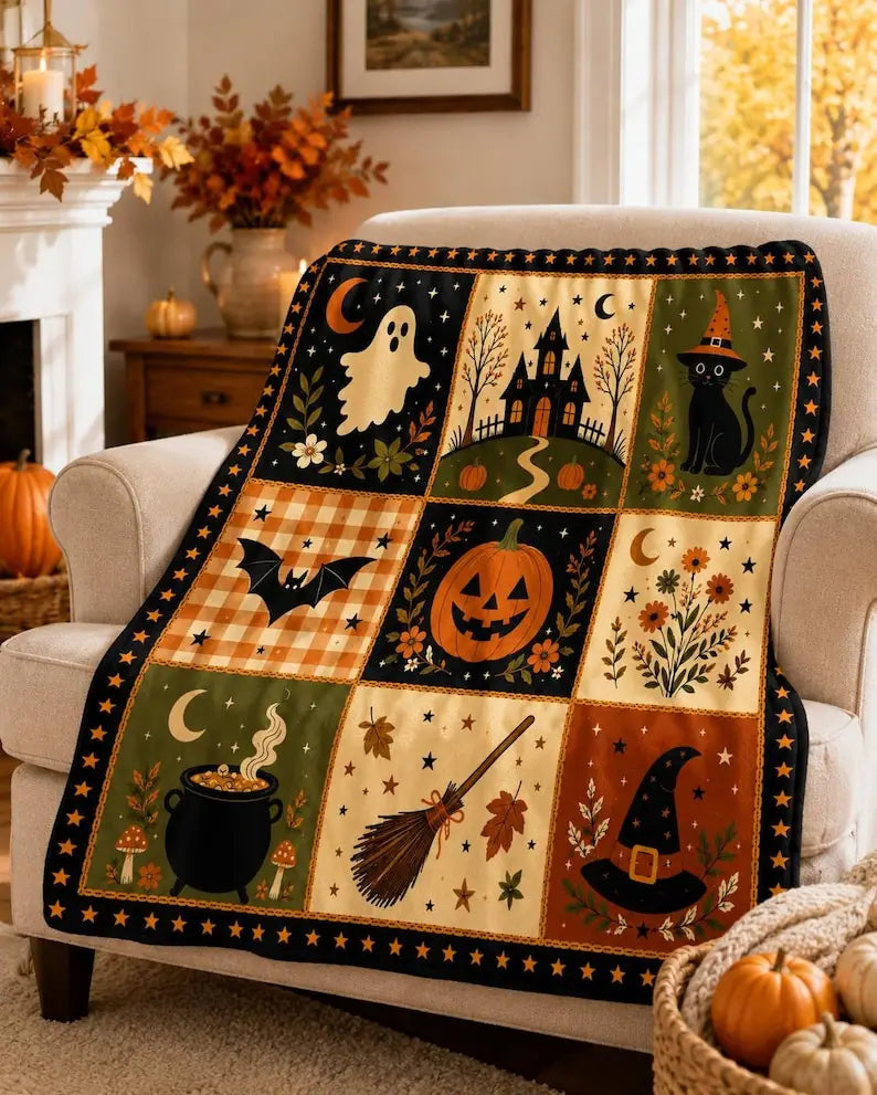 Vintage Halloween Patchwork Throw Blanket