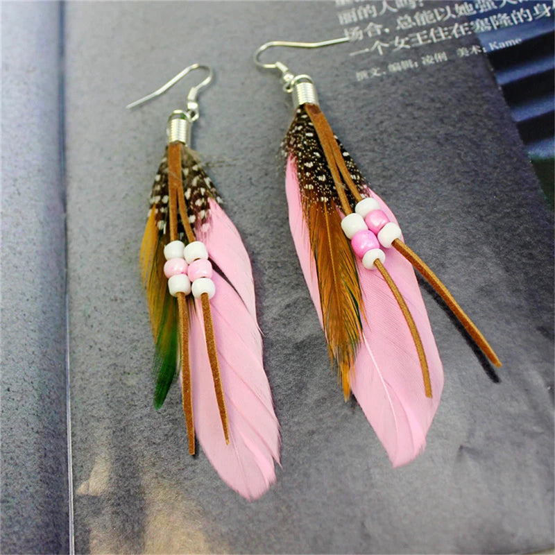 1Pair Tassel Dangling Earrings Colorful Feather Leather
