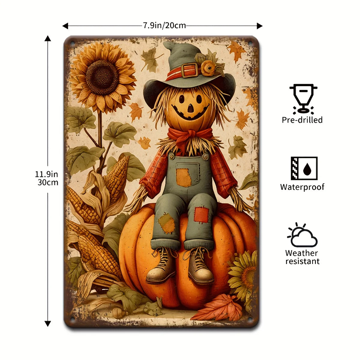 Vintage Fall Scarecrow & Pumpkin Metal Sign