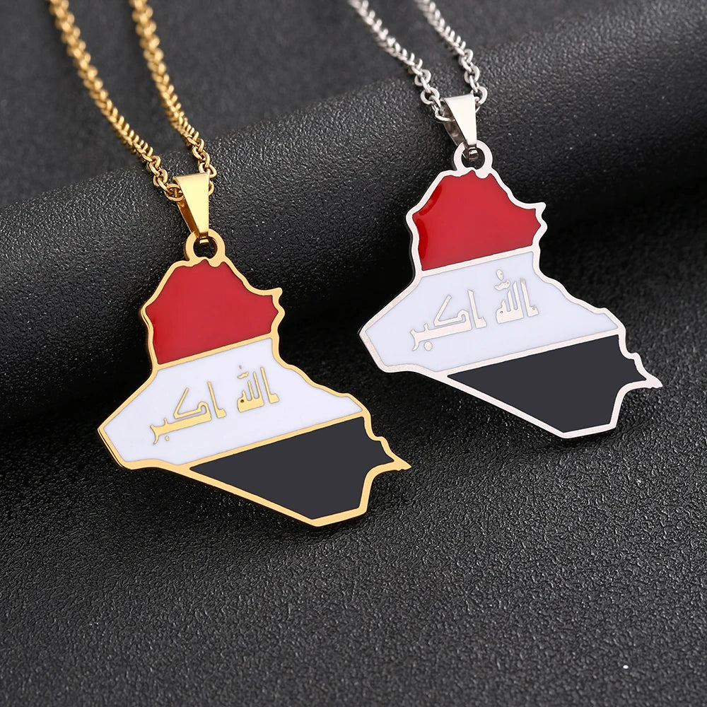 Republic of Iraq Map Flag Pendant Necklace
