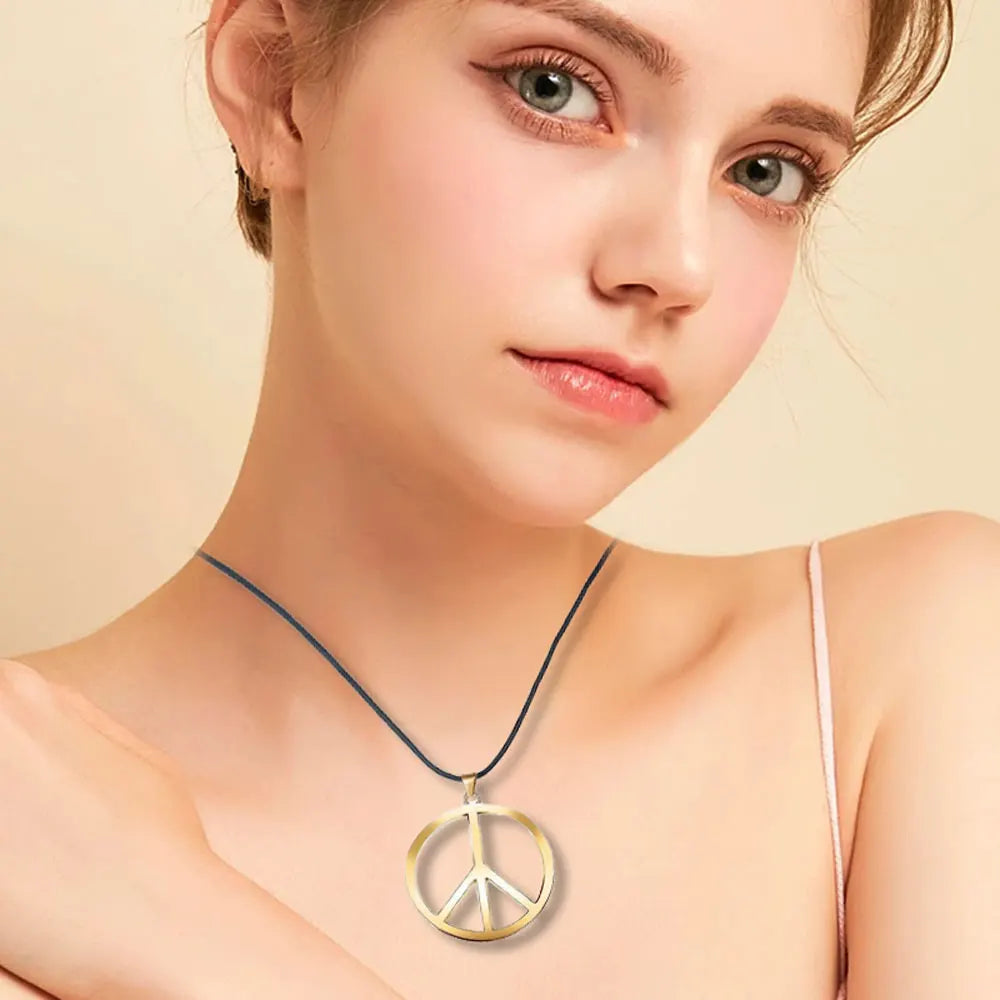 Black Leather Peace Sign Symbol Pendant Necklace