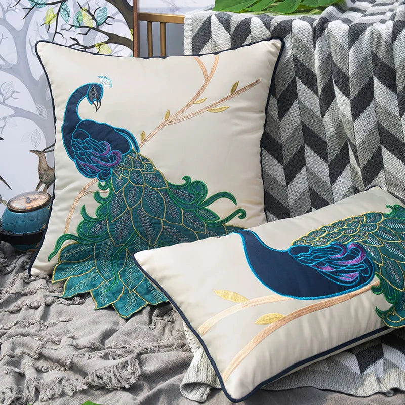 Embroidered Peacock Pillow
