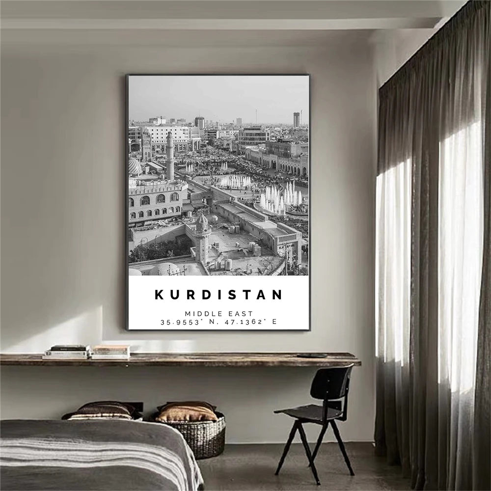 Kurdistan Travel Poster Black and White Vintage Wall Art