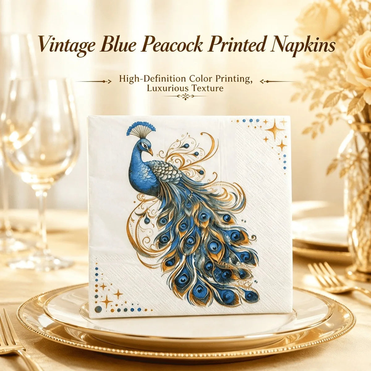 Vintage Blue Peacock Printed Napkins
