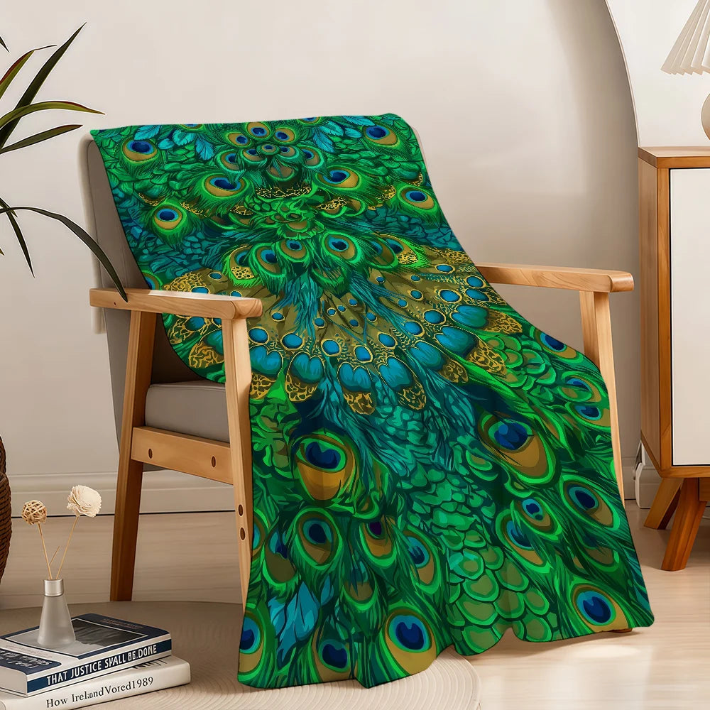 Vintage Green Peacock Feather Blanket