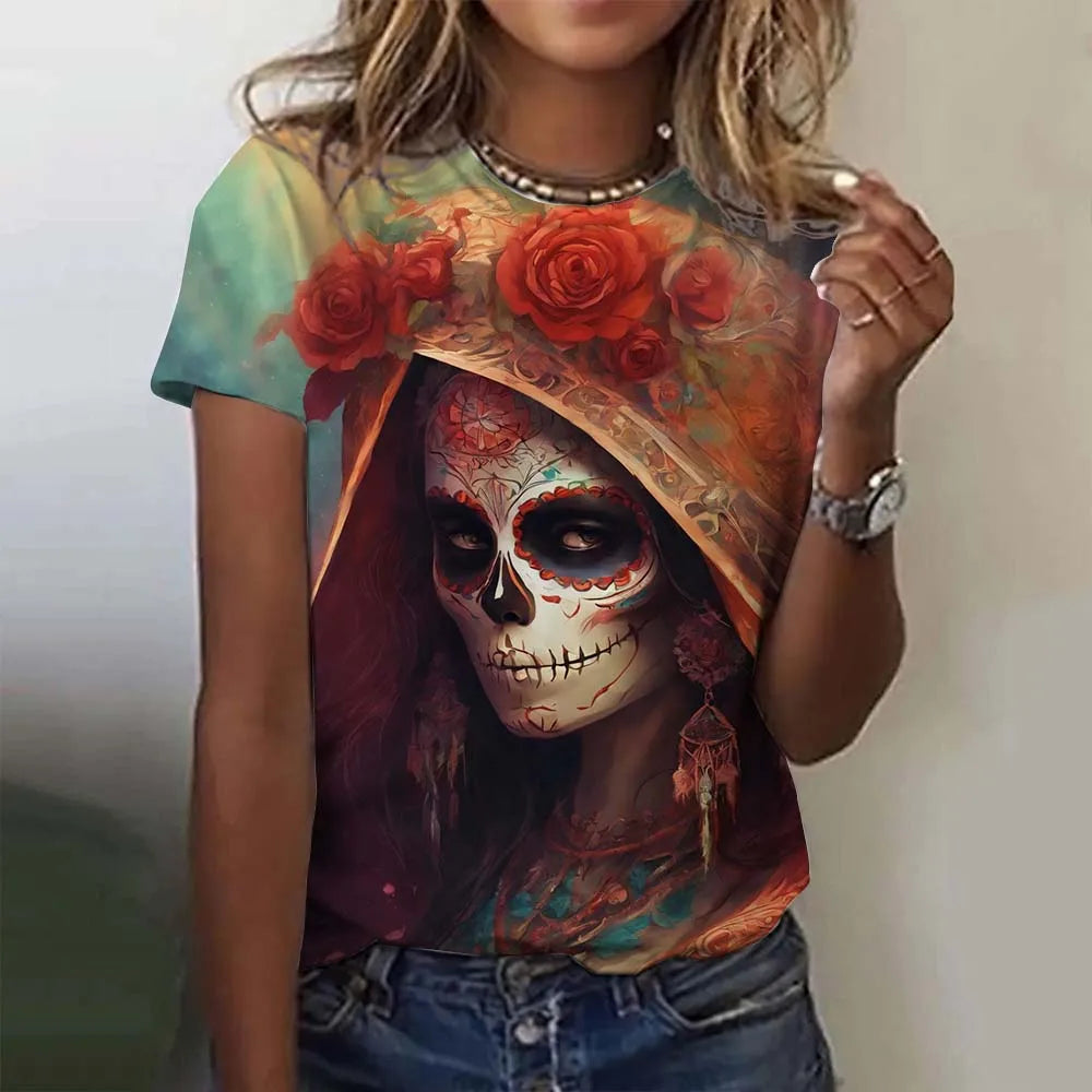 Women's T-shirt for Girls Short Sleeve Day of the Dead Undead Skull