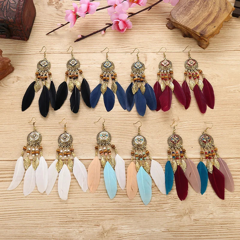 Native Vintage Jewelry Feather Tassel Long Earrings