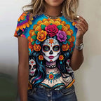 Women's T-shirt for Girls Short Sleeve Day of the Dead Undead Skull
