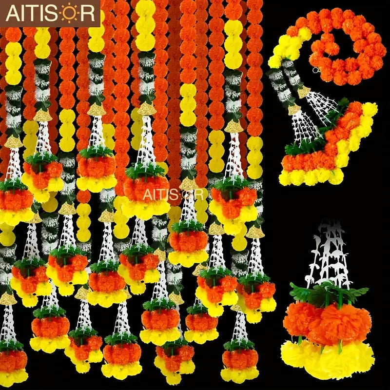 Artificial Marigold Flower Wreath for Diwali, and Mexican Day of The Dead Party Decoration