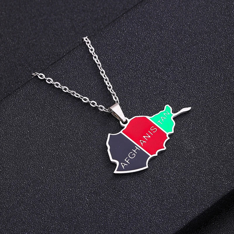 Stainless Steel Afghanistan Map Flag Necklaces