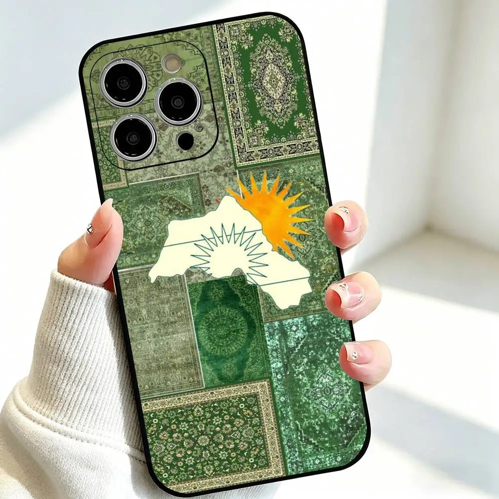 جراب هاتف أسود ناعم بتصميم علم كردستان يدعم هواتف آيفون 17، 16، 15، 14، 13، 12، 11 بلس، برو ماكس، وغيرها