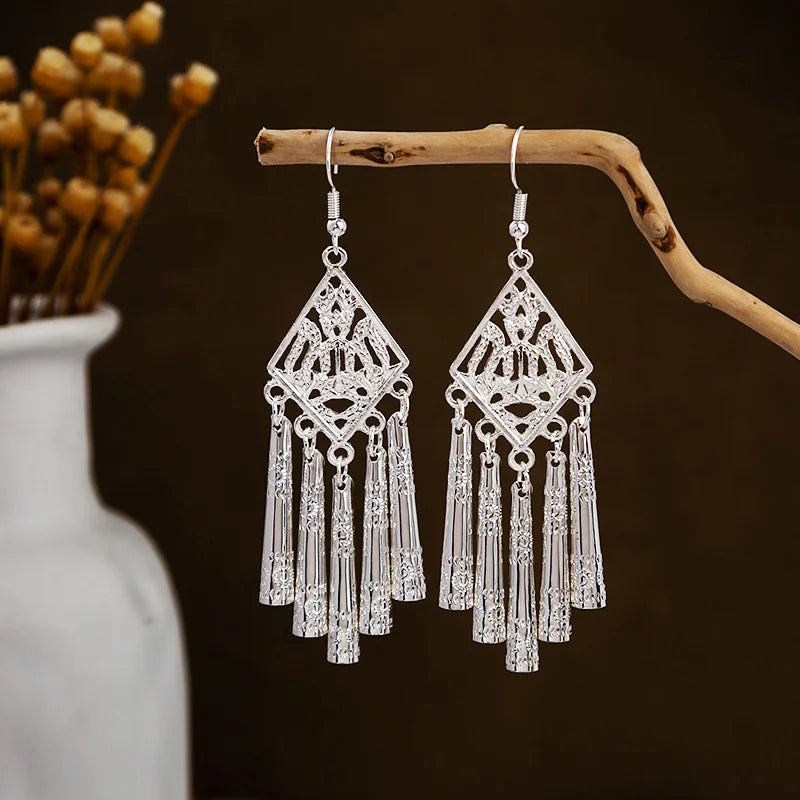 Ethnic Silver Color Long Leaf Dangle Earrings