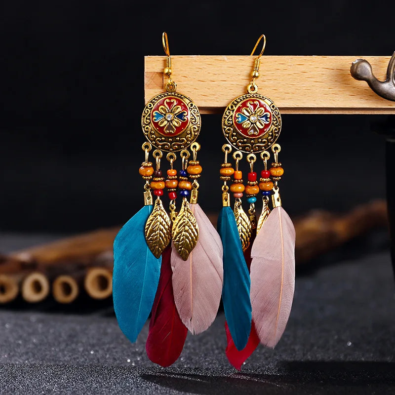 Native Vintage Jewelry Feather Tassel Long Earrings