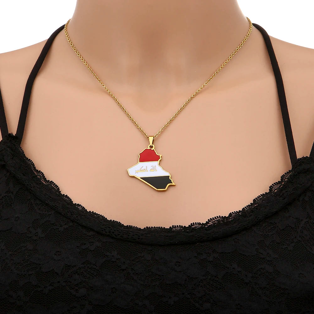 Republic of Iraq Map Flag Pendant Necklace