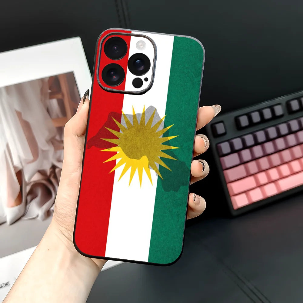 حافظة هاتف علم كردستان لهواتف آيفون 16 15 14 13 12 11 برو ماكس بلس ميني، حافظة ناعمة من مادة TPU لطيفة على البشرة