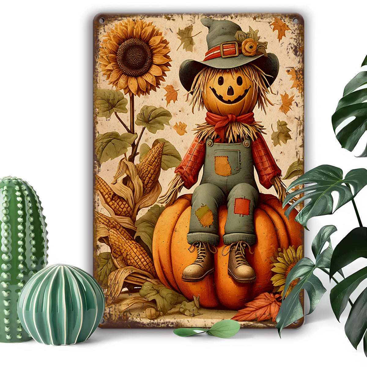 Vintage Fall Scarecrow & Pumpkin Metal Sign